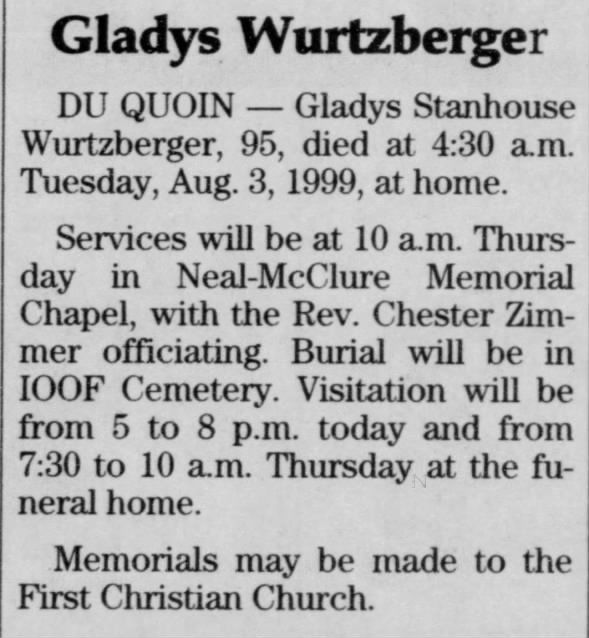 Obituary for Gladys Stanhouse Wurtzberger (Aged 95)